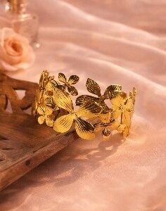 Large floral adjustable gold kada bangle with bold flower and leaf detailing – Luméra