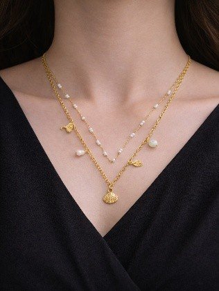 Charm Necklace Elephant Pearl Layered Korean Jewellery | Lumera Charm necklace with elephant pearl shell and leaf pendants by Lumera