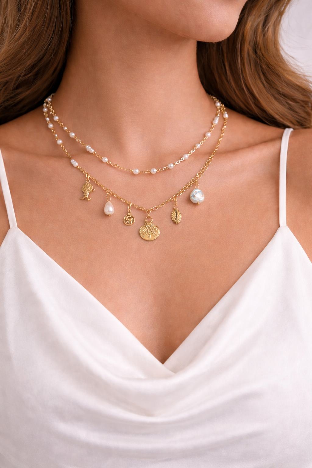 Charm Necklace Elephant Pearl Layered Korean Jewellery | Lumera Charm necklace with elephant pearl shell and leaf pendants by Lumera