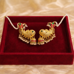 Gold fish shaped full ear cuff with jhumka drops and pearl chain by Lumera