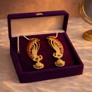 Gold full ear cuff with multicolor ruby and emerald stones and jhumka drops by Lumera