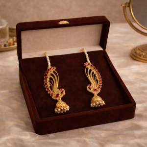 Gold full ear cuff with pink stones and jhumka drops by Lumera
