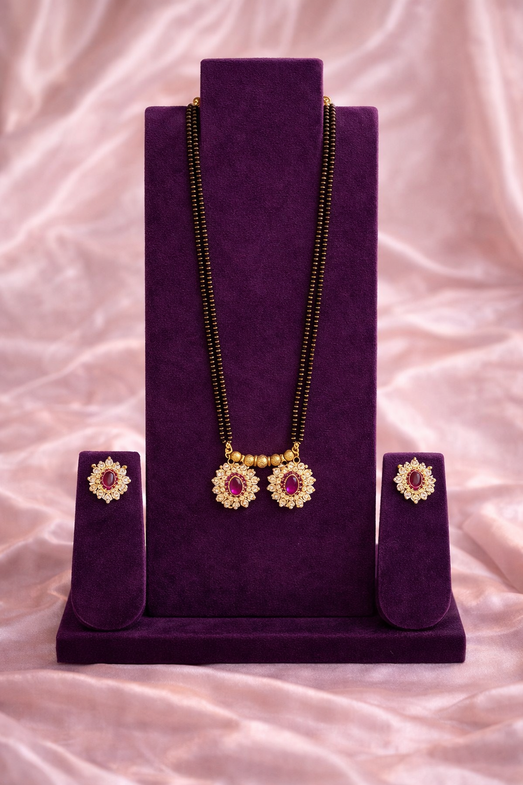 Crystal Mangalsutra Set with Earrings Gold Tone | Lumera Crystal mangalsutra with double black bead chain ruby pendant and matching earrings by Lumera