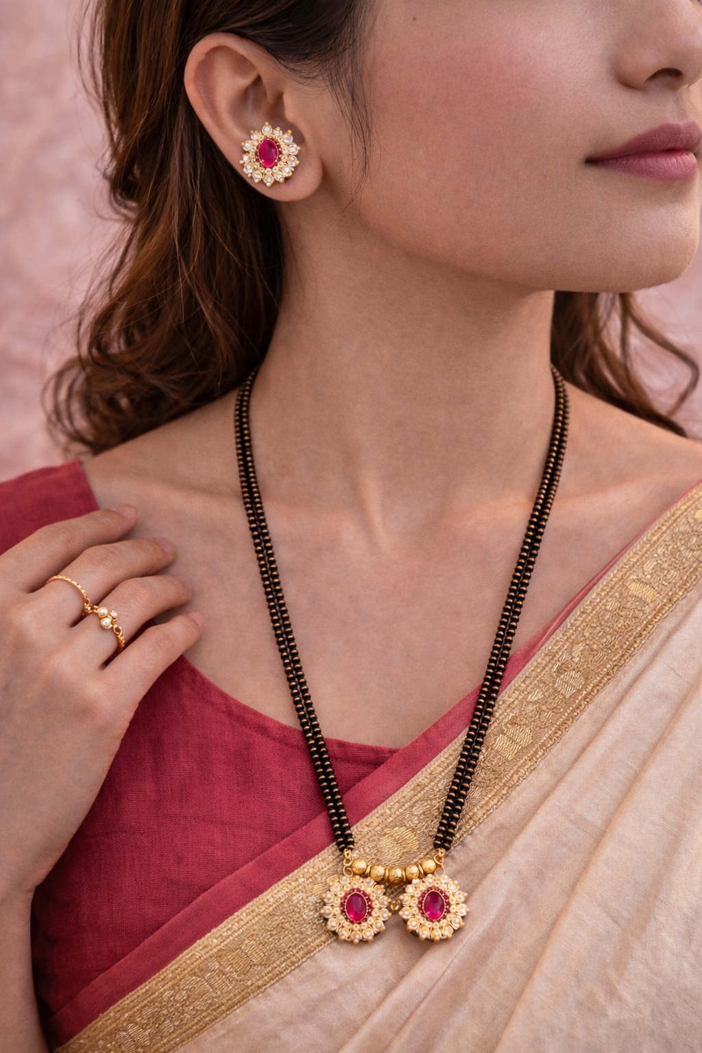 Crystal Mangalsutra Set with Earrings Gold Tone | Lumera Crystal mangalsutra with double black bead chain ruby pendant and matching earrings by Lumera
