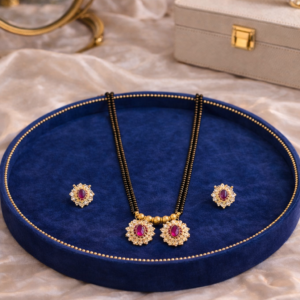 Crystal mangalsutra with double black bead chain ruby pendant and matching earrings by Lumera