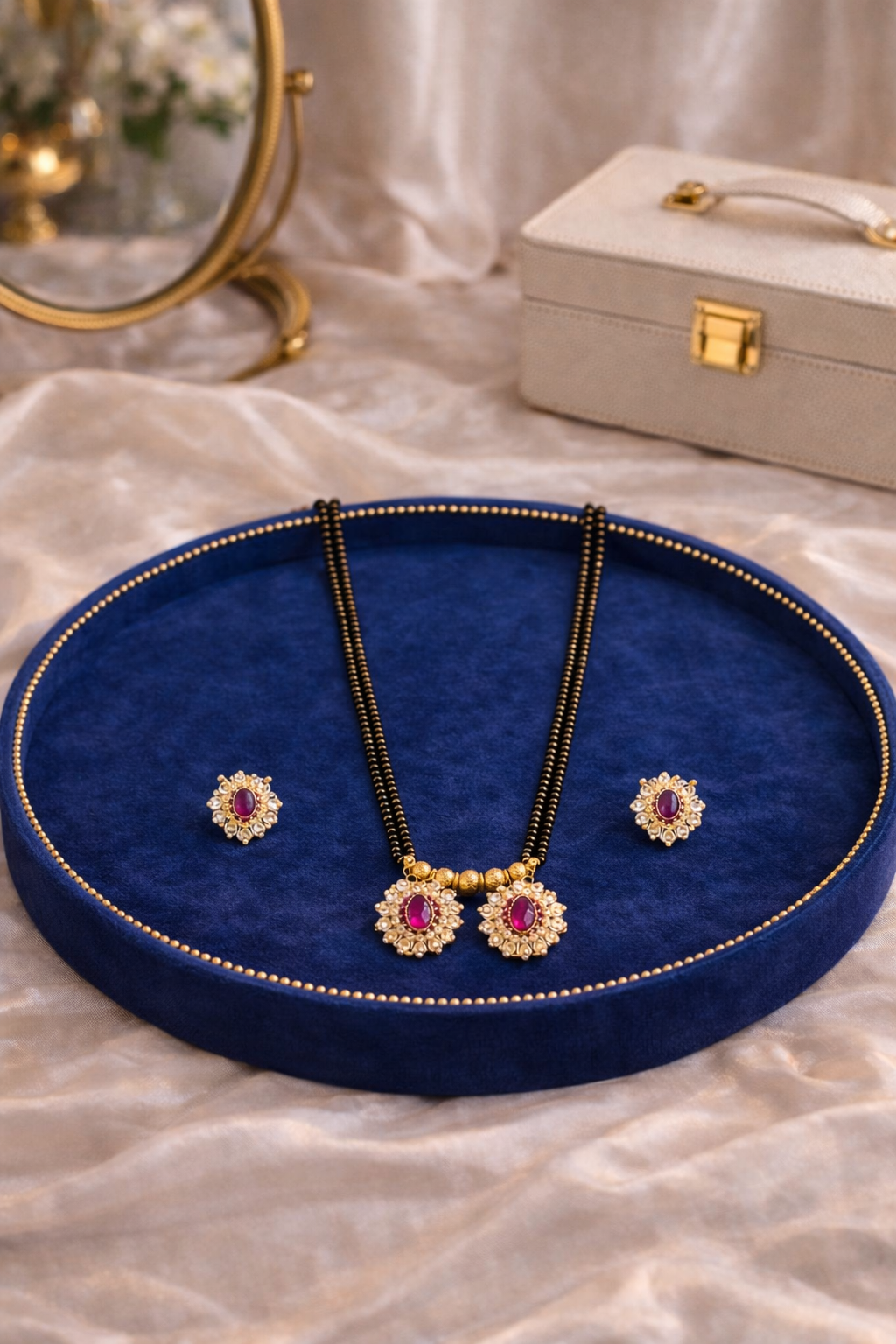 Crystal Mangalsutra Set with Earrings Gold Tone | Lumera Crystal mangalsutra with double black bead chain ruby pendant and matching earrings by Lumera