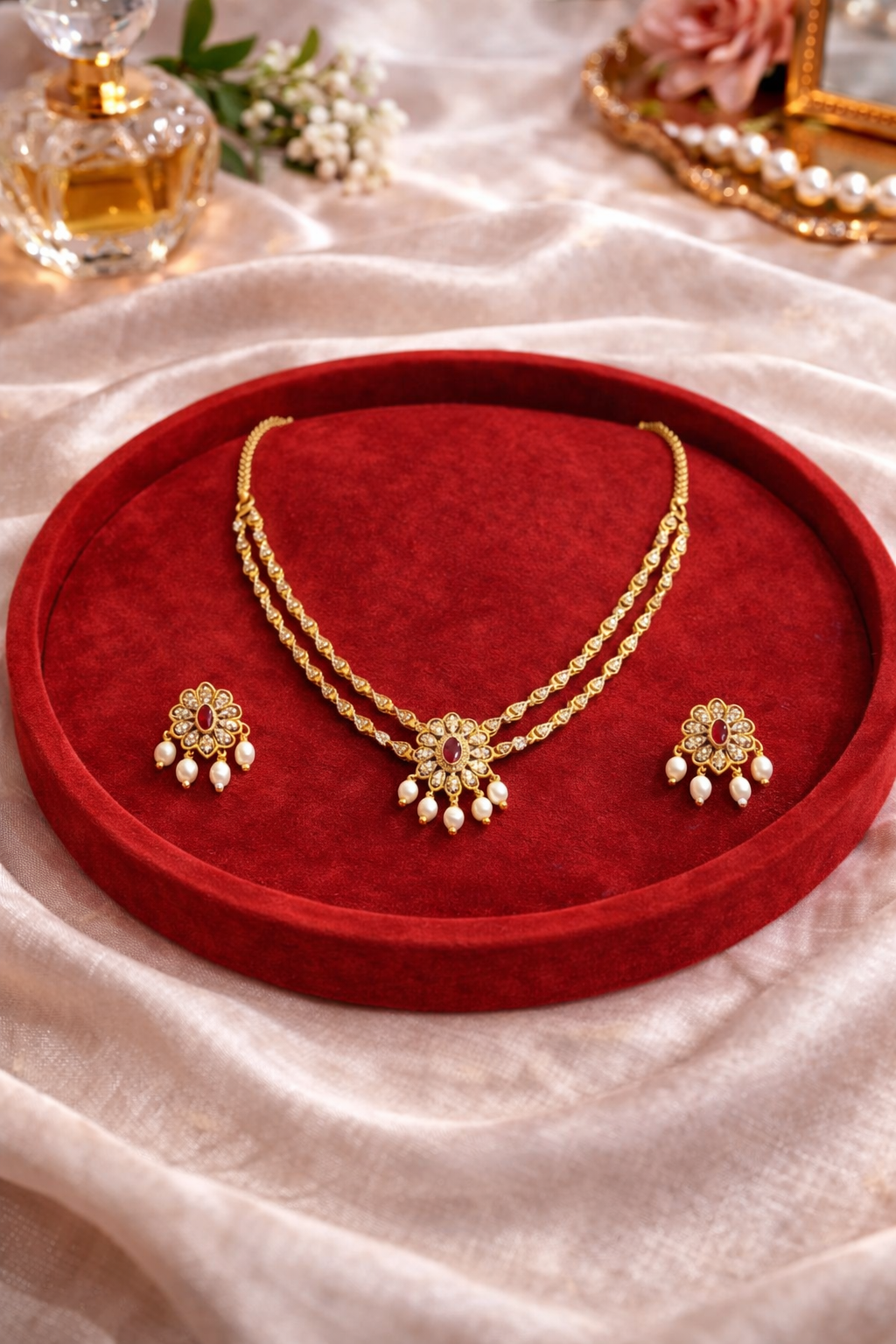 Double Line Necklace | Lumera Gold double line necklace set with ruby centre stone pearl drops and matching earrings by Lumera