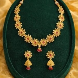 Gold floral Bakuli Haar necklace and jhumka earring set with ruby stones – Luméra