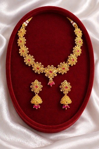 Elegant Bakuli Haar – Gold Floral Necklace & Jhumka Set | Luméra Gold floral Bakuli Haar necklace and jhumka earring set– Luméra