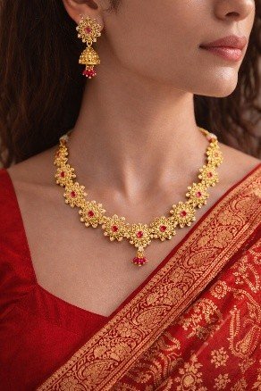 Elegant Bakuli Haar – Gold Floral Necklace & Jhumka Set | Luméra bright gold purse with chain