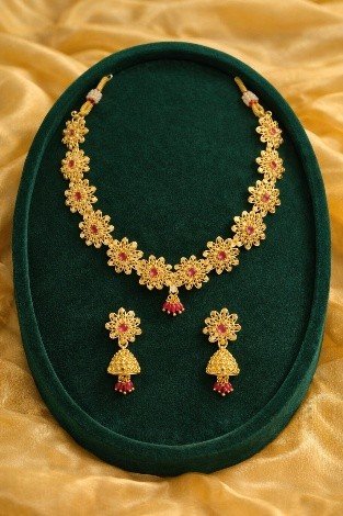 Elegant Bakuli Haar – Gold Floral Necklace & Jhumka Set | Luméra Gold floral Bakuli Haar necklace and jhumka earring set with ruby stones – Luméra