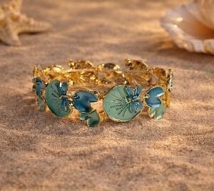 Gold aqua blue flower bracelet bangle with matching mint flower stud earrings by Lumera