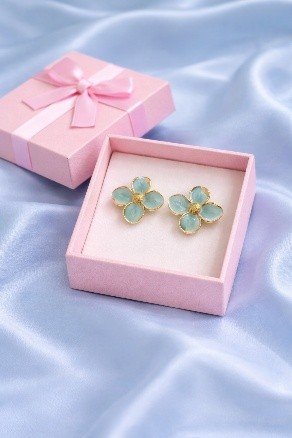 Flowers Bracelet Aqua Blue Flower Earrings Korean Jewellery Set | Lumera Gold aqua blue flower bracelet bangle with matching mint flower stud earrings by Lumera