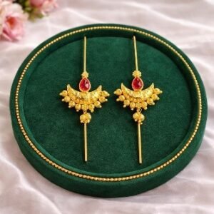Gold Chandrakore ear cuff earrings with ruby teardrop stone and crescent detailing – Luméra