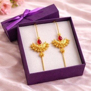 Golden Ear Cuff Chandrakore – Gold Crescent Ruby Ear Cuff Earrings | Luméra Gold Chandrakore ear cuff earrings with ruby teardrop stone and crescent– Luméra
