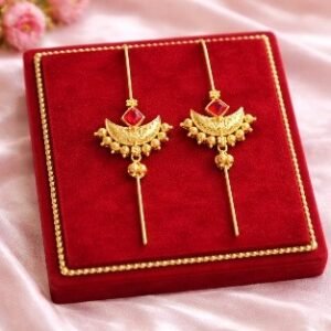 Gold Chandrakore ear cuff earrings with square ruby stone and gold bead – Luméra