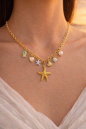 Golden Star Charm Necklace | Lumera Gold starfish charm necklace with pastel ocean charms and pearl by Lumera