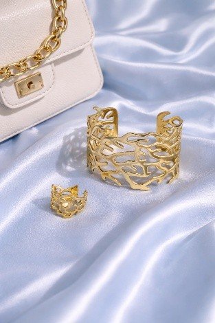 Golden Branch Kada Bracelet Ring Set | Lumera Gold branch lattice wide kada bracelet with matching ring by Lumera