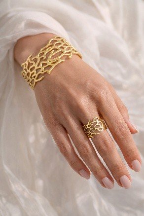 Golden Branch Kada Bracelet Ring Set | Lumera Gold branch lattice wide kada bracelet with matching ring by Lumera
