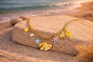 Golden Mermaid Tail Charm Necklace | Lumera Gold mermaid tail charm necklace with crystal and flower charms on beach by Lumera
