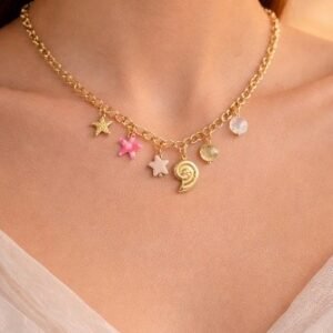 Gold small spiral shell charm necklace with pink flower star and crystal charms by Lumera