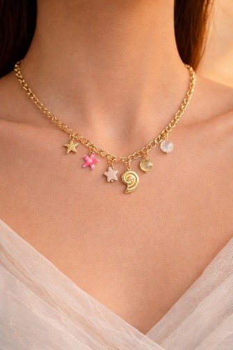 Golden Spiral Shell Charm Necklace Small | Lumera Gold small spiral shell charm necklace with pink flower star and crystal charms by Lumera