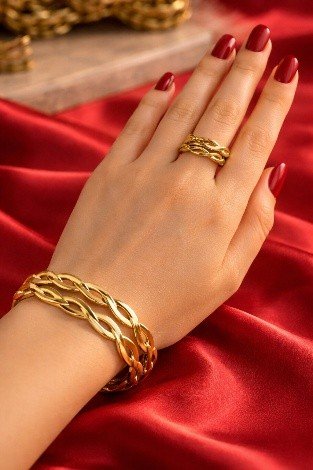 Infinity Golden Kada Ring Earrings | Lumera Gold infinity kada bracelet with matching ring and hoop earrings set by Lumera