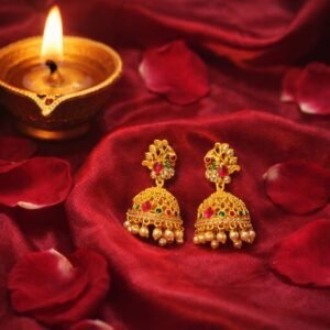 Gold peacock jhoomer jhumka earrings with multicolor stones and pearl drops by Lumera