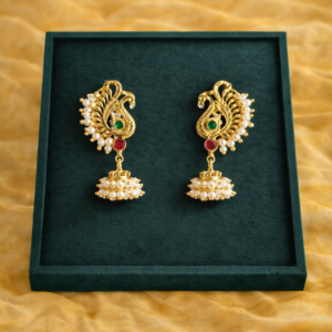 Gold peacock moti jhumka earrings with ruby and emerald stones and pearl – Luméra
