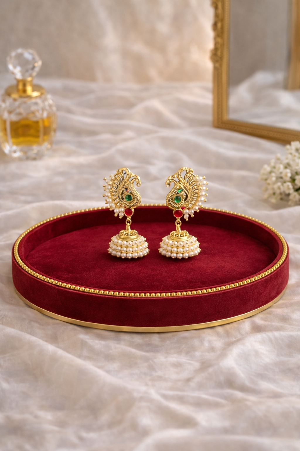 Peacock Moti Jhumka – Gold Pearl Traditional Jhumka Earrings | Luméra Gold peacock moti jhumka earrings with ruby and emerald stones – Luméra
