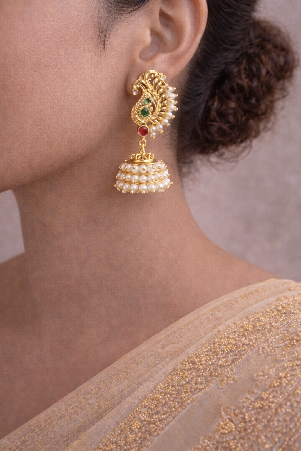 Peacock Moti Jhumka – Gold Pearl Traditional Jhumka Earrings | Luméra Gold peacock moti jhumka earrings with ruby and emerald stones– Luméra