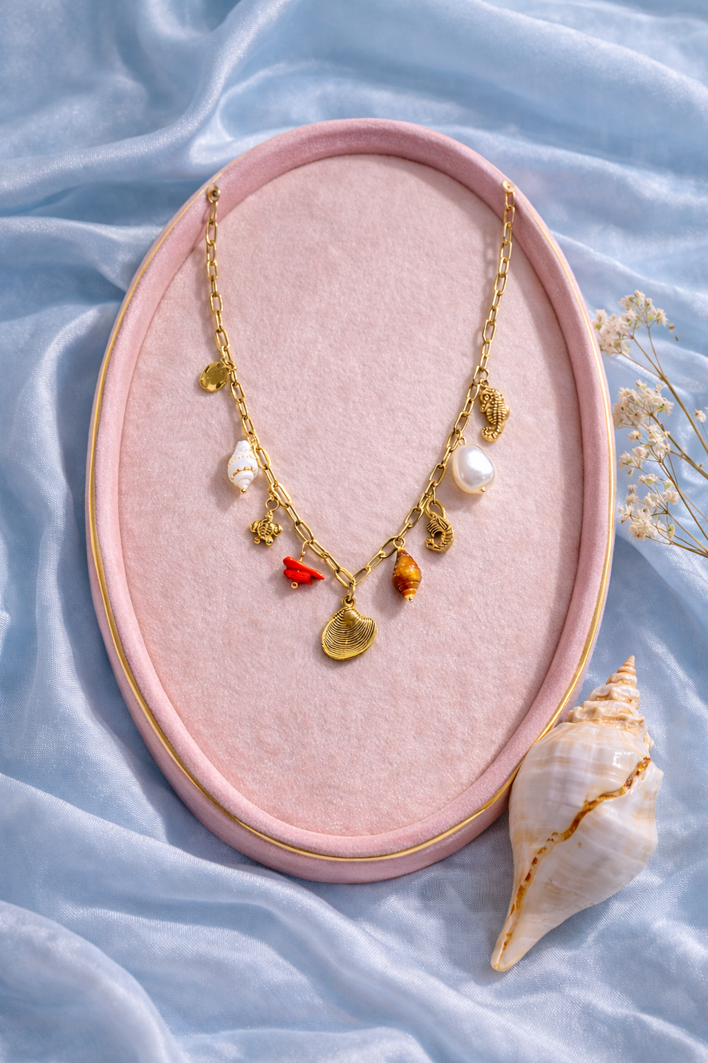 Small Shell Charm Necklace | Lumera Small shell charm necklace with ocean charms pearl and coral by Lumera