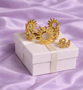 Gold sunflower kada bracelet with matching ring and earrings set by Lumera