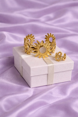 Sunflower Golden Kada Bracelet Ring Earrings Set | Lumera Gold sunflower kada bracelet with matching ring and earrings set by Lumera