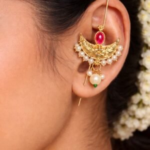Woman wearing Chandrakore needle earcuff by Lumera