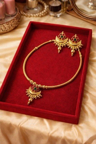 Chandrakore Chain Necklace Set – Gold Kundan Traditional Jewellery | Luméra Gold Chandrakore chain necklace and earring set with ruby and emerald kundan stones– Luméra