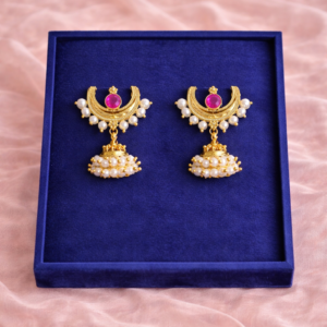 Gold Chandrakore jhumka earrings with ruby stone, pearl detailing – Luméra