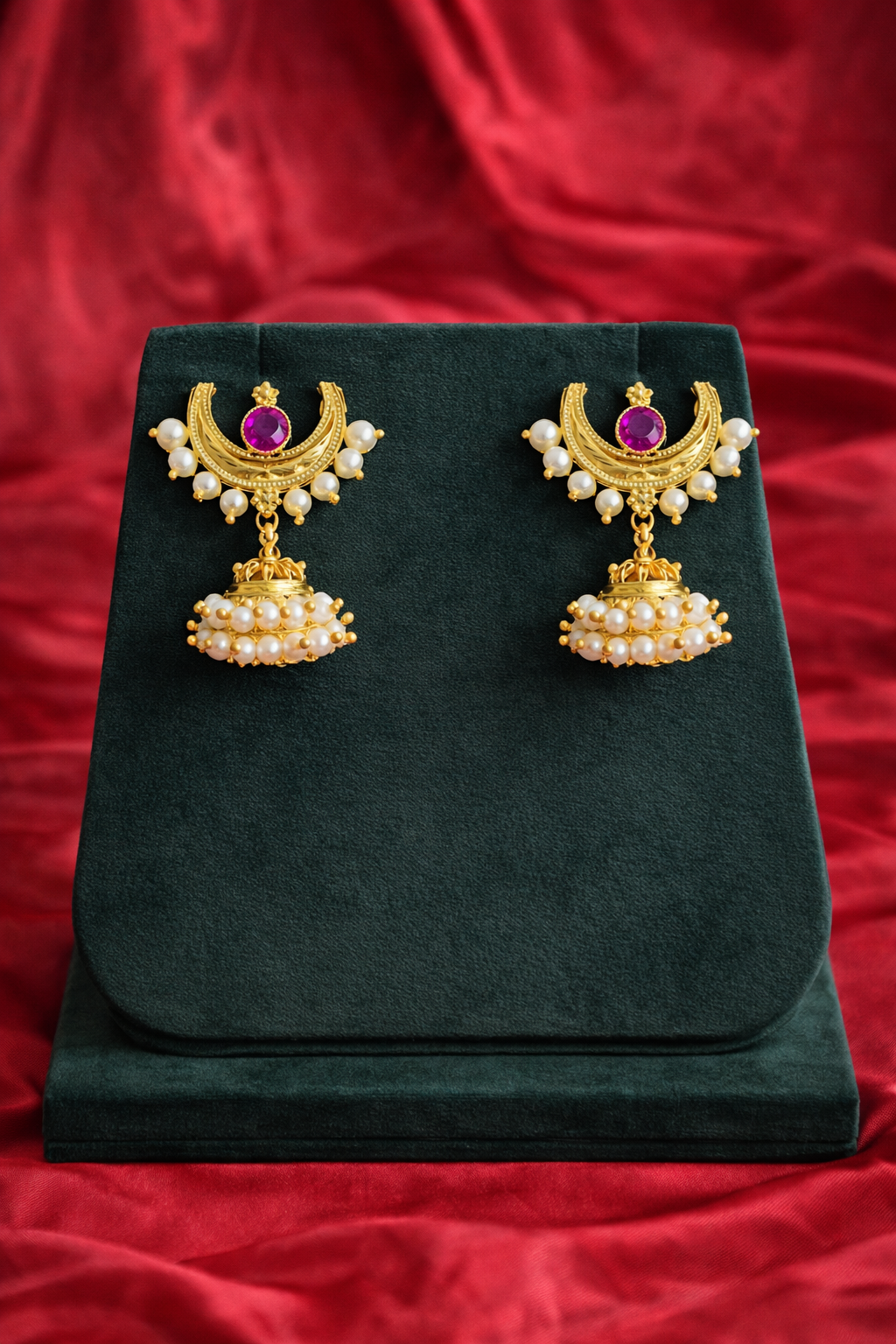 Chandrakore Jhumka – Gold Crescent Pearl Jhumka Earrings | Luméra Gold Chandrakore jhumka earrings with ruby stone, pearl detailing and crescent– Luméra