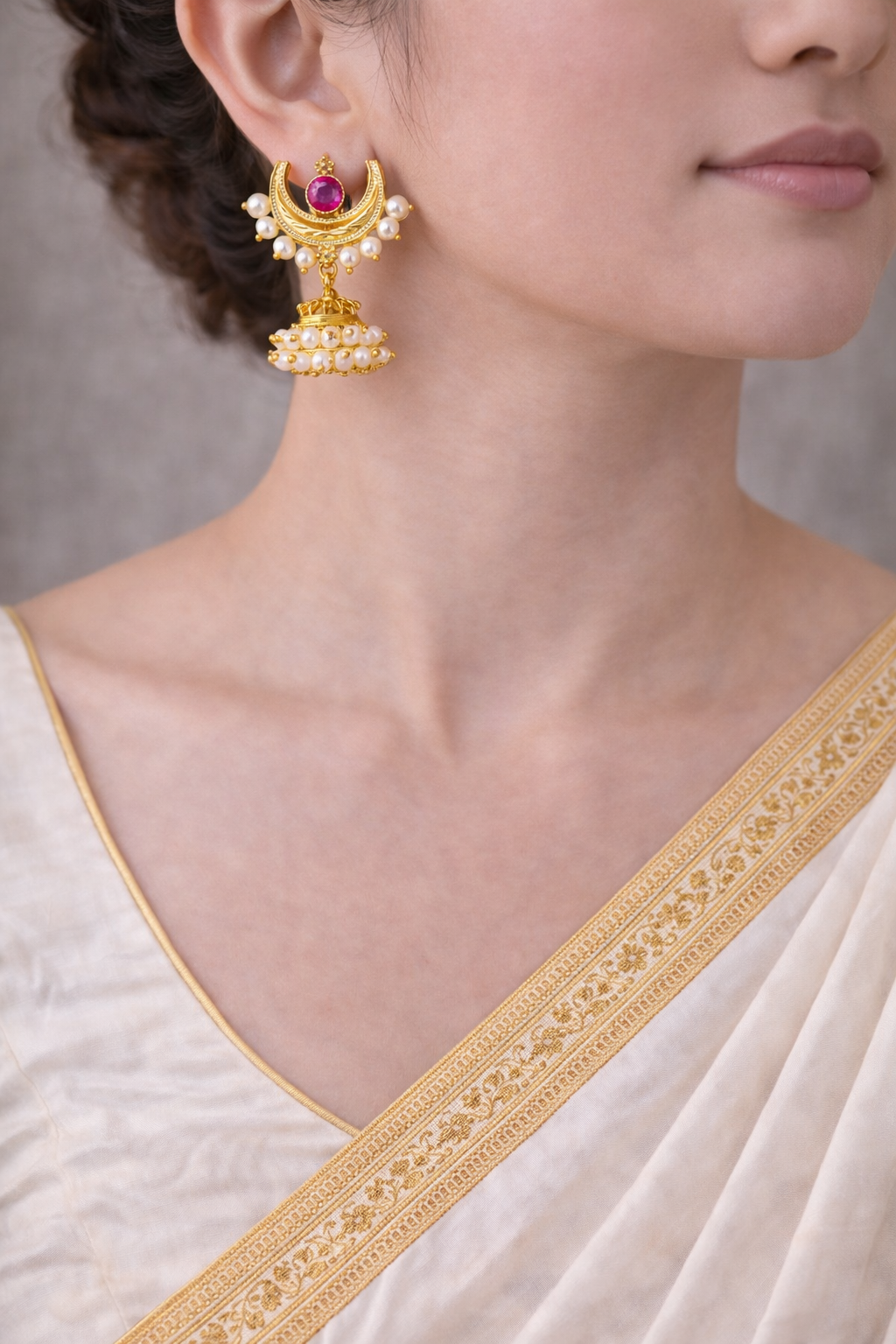 Chandrakore Jhumka – Gold Crescent Pearl Jhumka Earrings | Luméra bright red bag