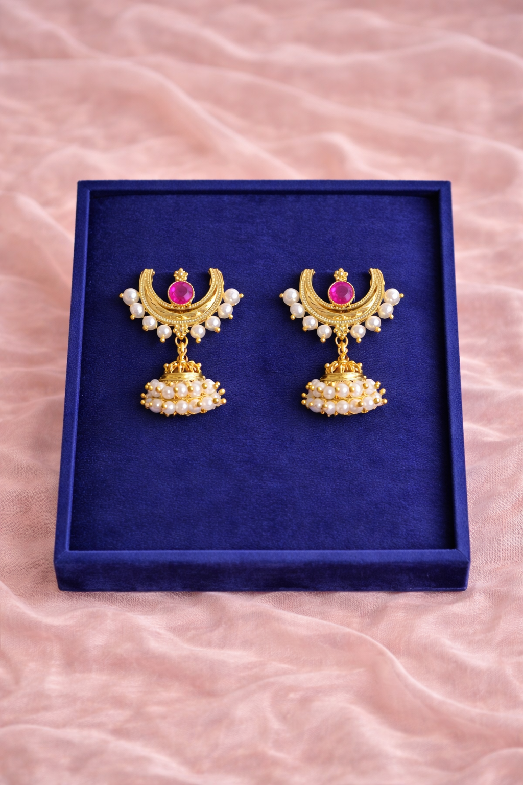 Chandrakore Jhumka – Gold Crescent Pearl Jhumka Earrings | Luméra Gold Chandrakore jhumka earrings with ruby stone, pearl detailing – Luméra