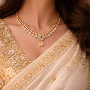 Woman wearing delicate flower necklace with emerald pendant and matching earrings by Lumera