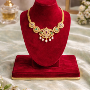 Gold elegant choker necklace with multicolor stones and pearl drops by Lumera