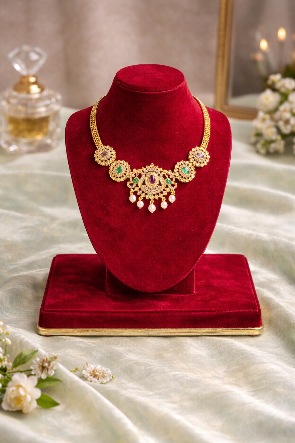 Elegant Choker | Lumera Gold elegant choker necklace with multicolor stones and pearl drops by Lumera