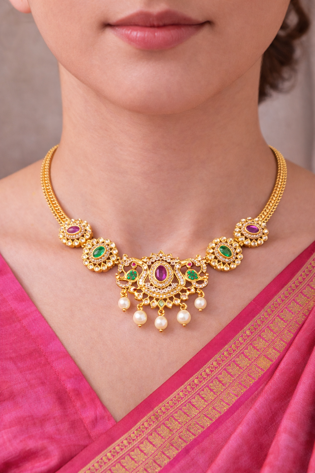 Elegant Choker | Lumera Gold elegant choker necklace with multicolor stones and pearl drops by Lumera