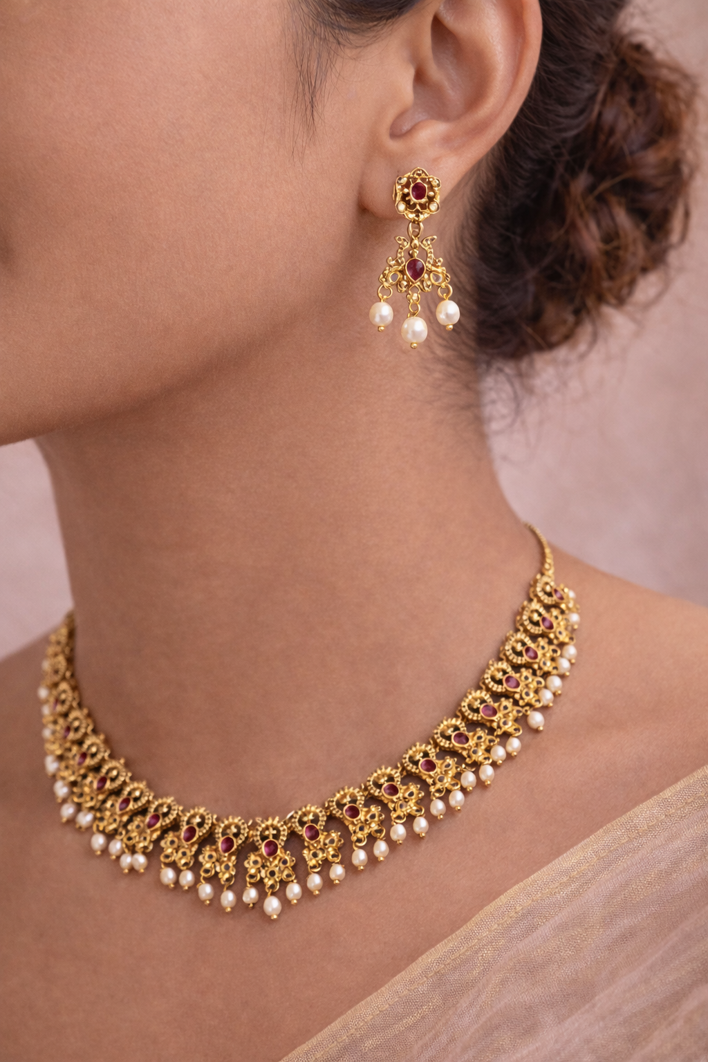 Elegant Moti Necklace | Lumera Gold elegant moti necklace set with ruby stones and pearl drops with matching earrings by Lumera