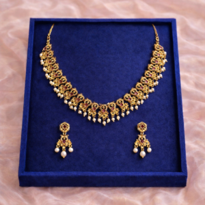 Home Gold elegant moti necklace set with ruby stones and pearl drops with matching earrings by Lumera