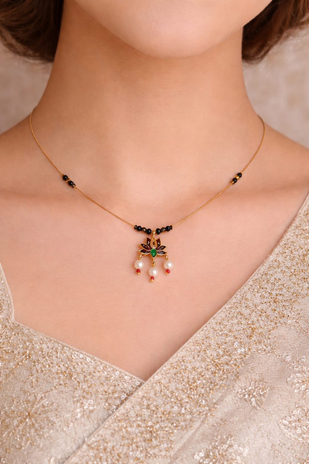 Invisible Mangalsutra Lotus Pendant Gold Tone | Lumera Invisible mangalsutra with lotus pendant pearl drops and black beads by Lumera