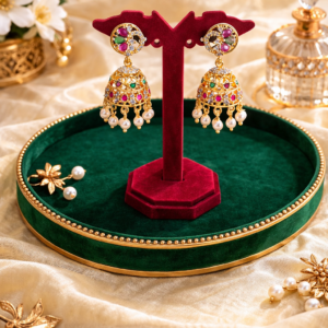 Gold jhoomer 3 stone jhumka earrings with multicolor stones and pearl drops by Lumera