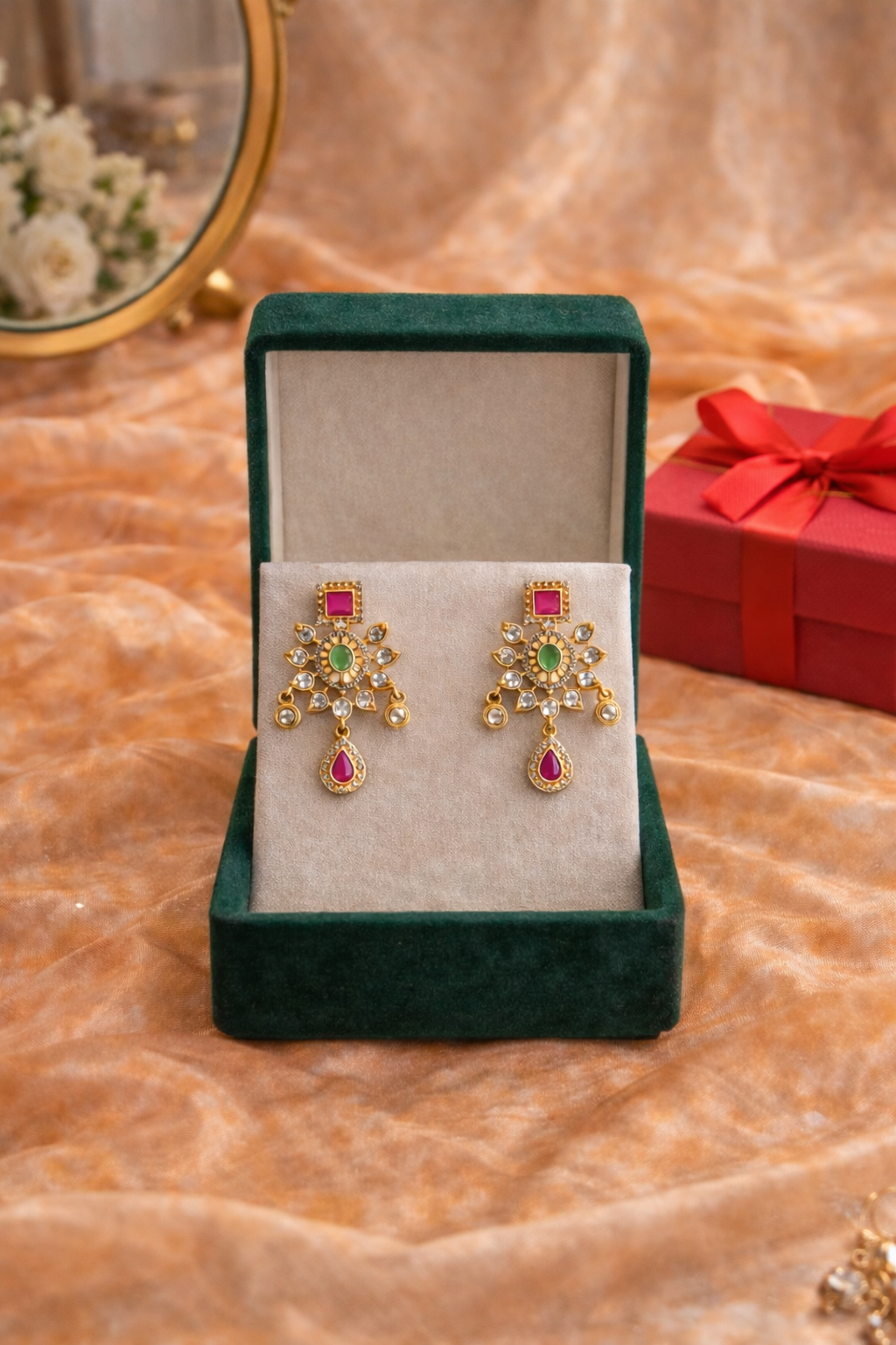 Jhoomer Square | Lumera Gold jhoomer square earrings with kundan ruby emerald stones and teardrop pendant by Lumera