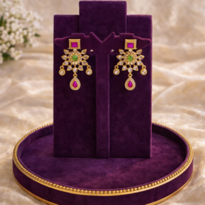 Gold jhoomer square earrings with kundan ruby emerald stones and teardrop pendant by Lumera